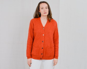 Orange lama wool and angora cardigan hairy vintage sweater cozy padded shoulders XL/XXL