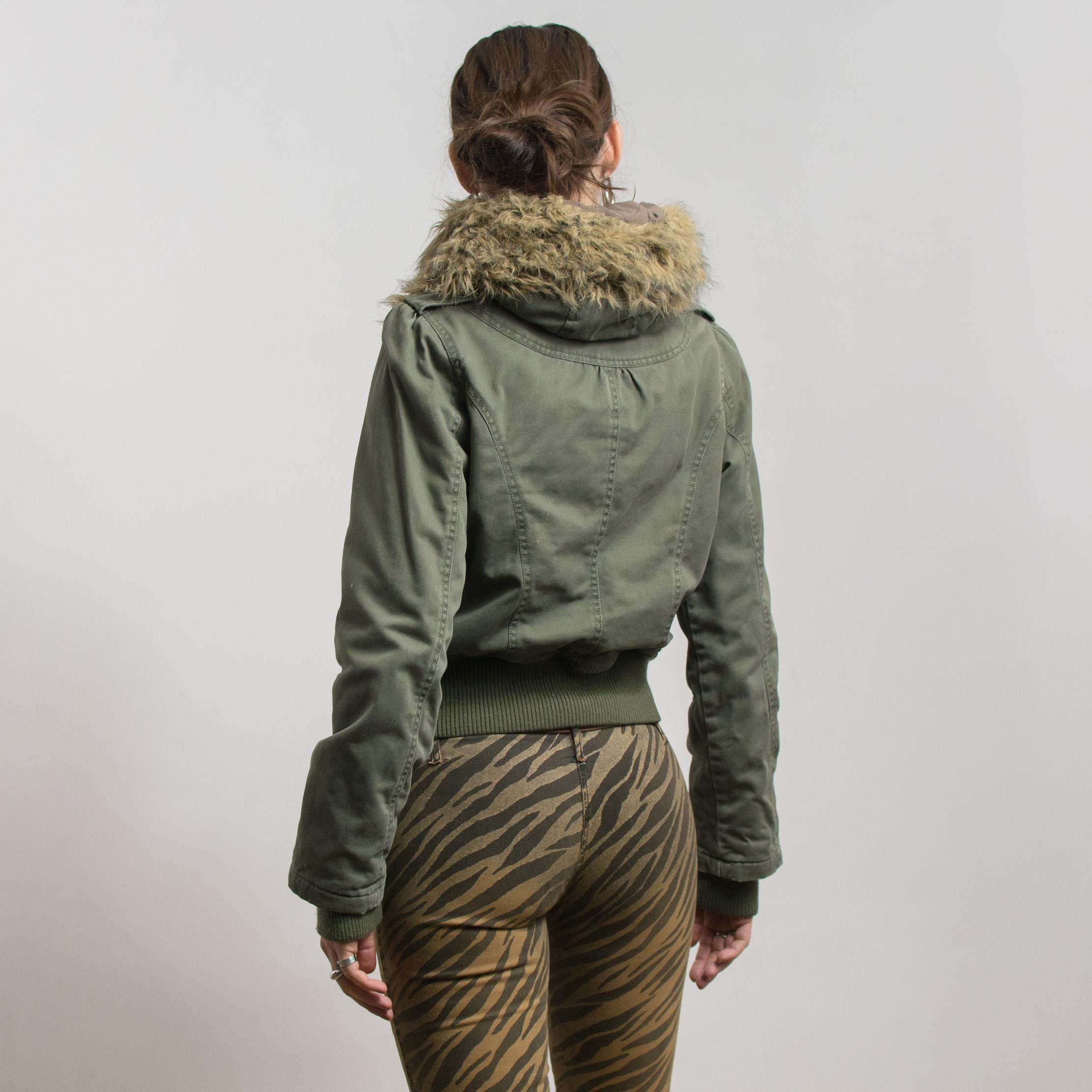 Vintage Y2K Khaki Military Jacket With Faux Fur Hood M - Etsy