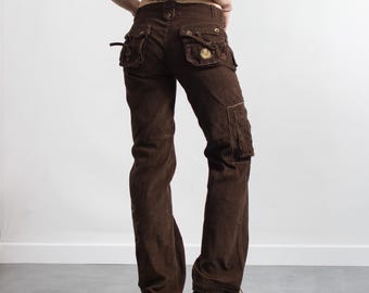 Pantalon cargo en velours côtelé Année 2000 taille basse brodé vintage M