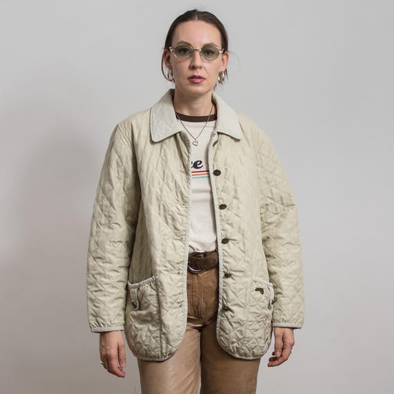 Vintage Quilted Jacket Cream Western Style Corduroy Trim Women