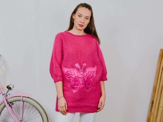 Butterfly Sweater Pink Vintage 80\'s Raspberry Retro Reglan Slleve 3/4  Pullover Oversized One Size L-XXL - Etsy Israel