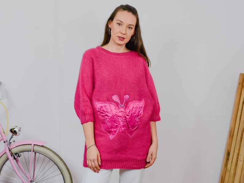 Butterfly sweater pink vintage 80's raspberry retro reglan slleve 3/4 pullover oversized one size L-XXL image 2