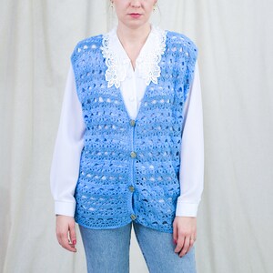 Blue sweater vest vintage handmade cardigan croched sleeveless one size XL-XXXL image 3