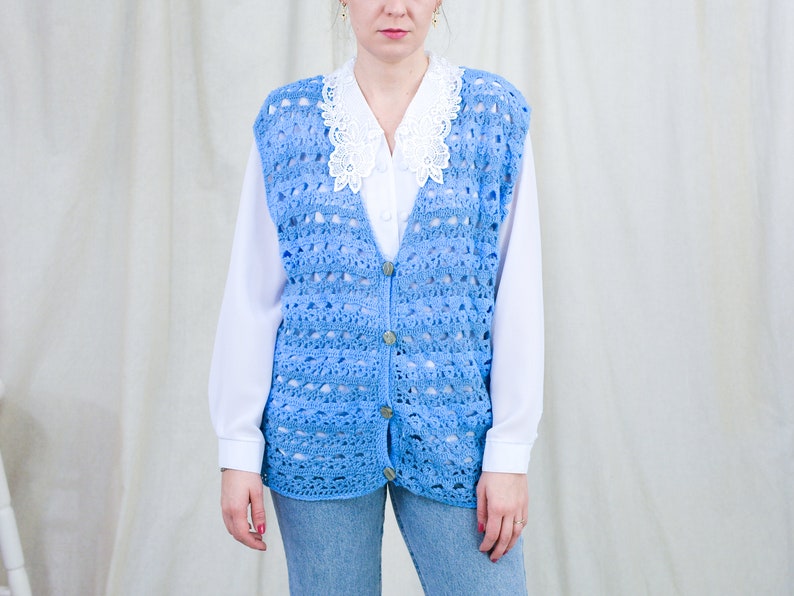Blue sweater vest vintage handmade cardigan croched sleeveless one size XL-XXXL image 3