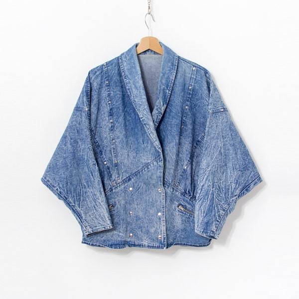 Veste en jean vintage 80's stonewashed bleu femme oversize taille XXL