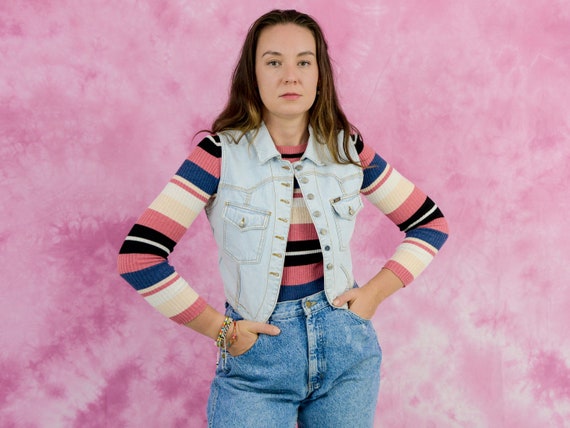 Vintage Light Blue Denim Vest Cropped 90s Top Women Jean Cowboy Sleeveless S/M