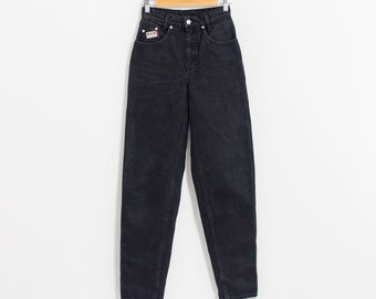90er Mom-Jeans schwarz H.I.S. Vintage hoch tailliertes, sich verjüngendes Bein, Größe XS/S