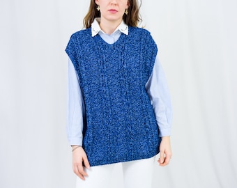 Melange sweater vest vintage blue pullover oversized sleeveless jumper handmade retro women L-XL