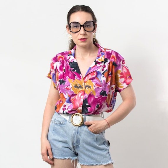 Blusa floral vintage de los años 80 Camisa abotonada con