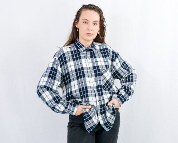 Vintage 90s Flannel Shirt White Black 