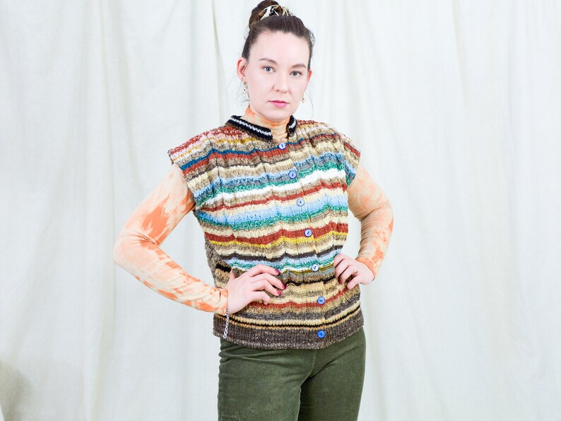 Striped sweater vest vintage handmade cardigan multi colour rainbow sleeveless one size L-XXL