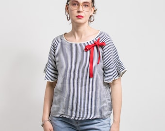 Vintage Linen Nautical Blouse: Navy Striped Bow Tie Top, L-XL