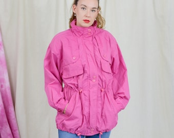 Vintage pink jacket 90's parka tied waist coat padded shoulders women L/XL