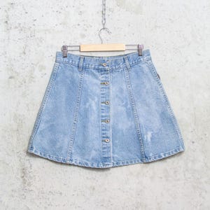 Vintage 90er Jahre Jeans Mini Rock | Trapezknopf vorne stonewashed A-Linie | Damengröße M
