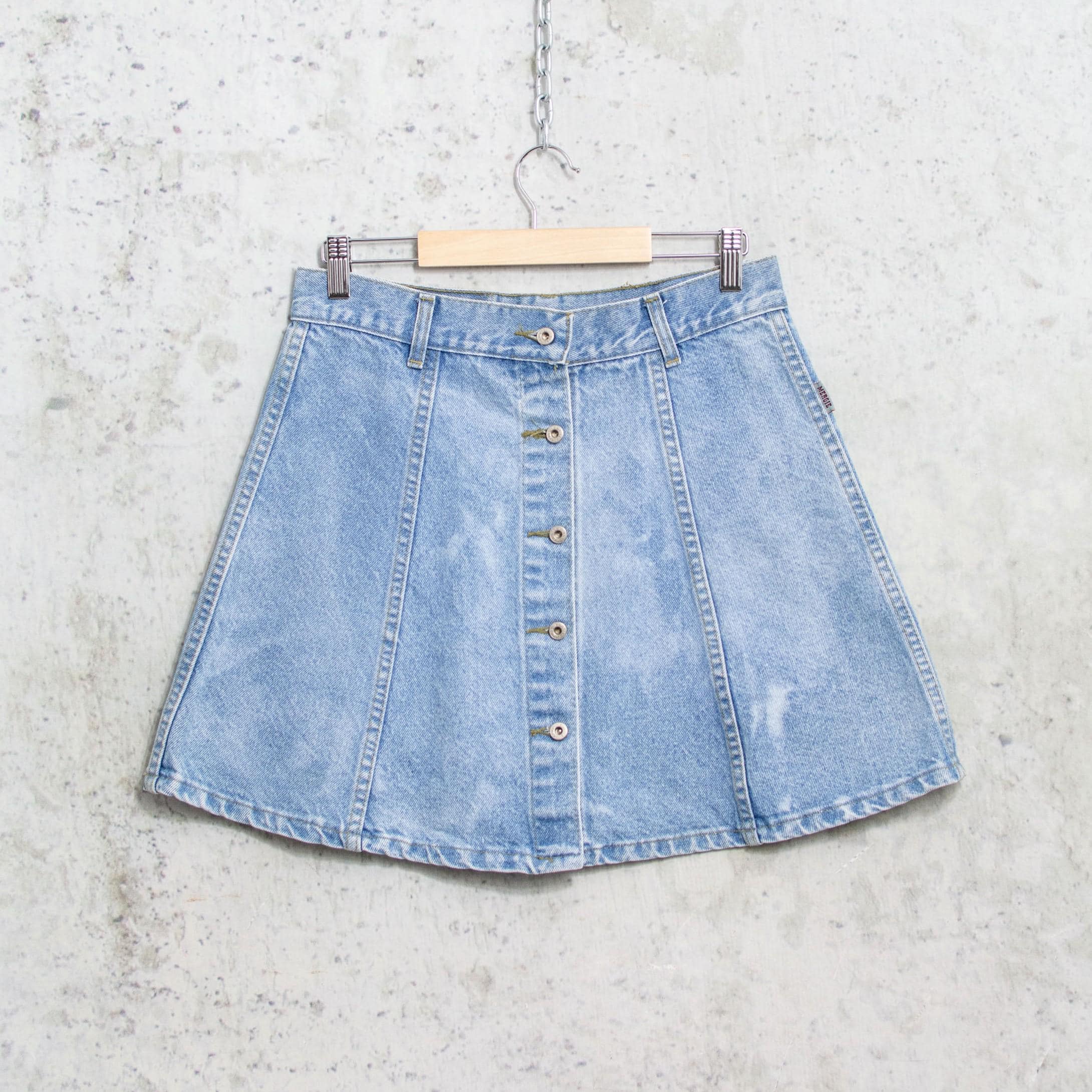 Vintage 90s Denim Mini Skirt | Trapeze Button Front Stonewashed A