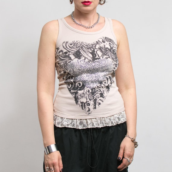 Y2K Beige Tank Top Vintage Ribbed Glitter Beaded Lace Hem Shirt
