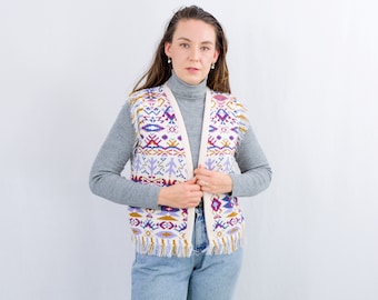 Vintage ethnic sweater vest aztec cardigan zig zag fringed Medium