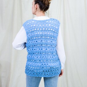 Blue sweater vest vintage handmade cardigan croched sleeveless one size XL-XXXL image 6