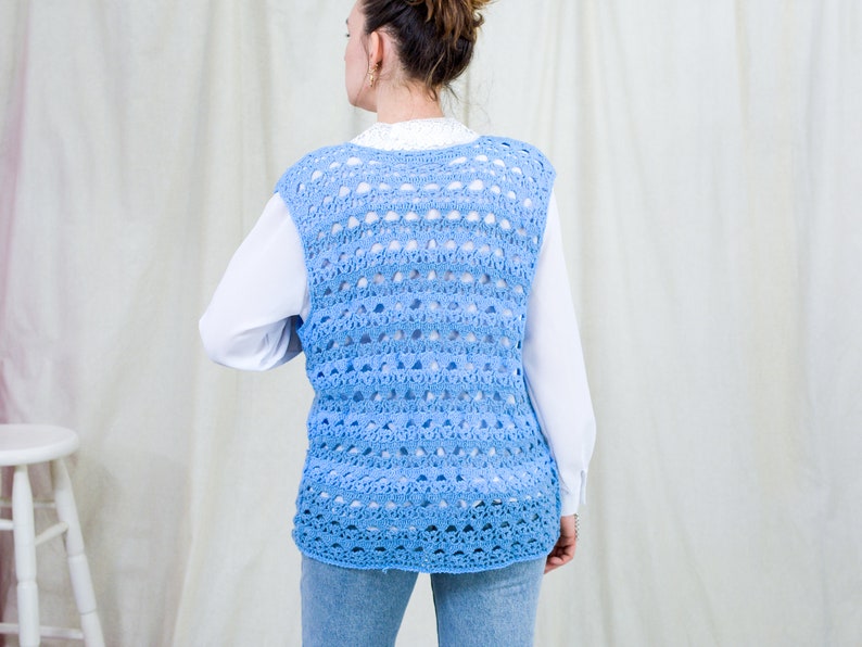 Blue sweater vest vintage handmade cardigan croched sleeveless one size XL-XXXL image 6