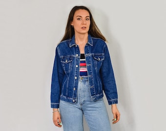 Chaqueta de mezclilla 90's blue vintage camionero hipster Rocker jean botón para las mujeres M Medium