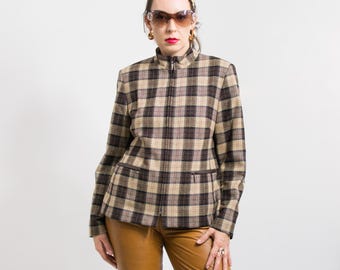 Vintage Tartan Wool Jacket Plaid Blazer Women XL