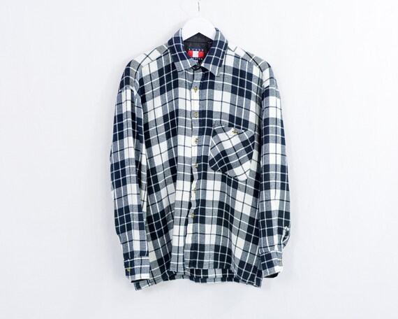 Vintage 90s Flannel Shirt White Black Plaid Long Sleeve Women