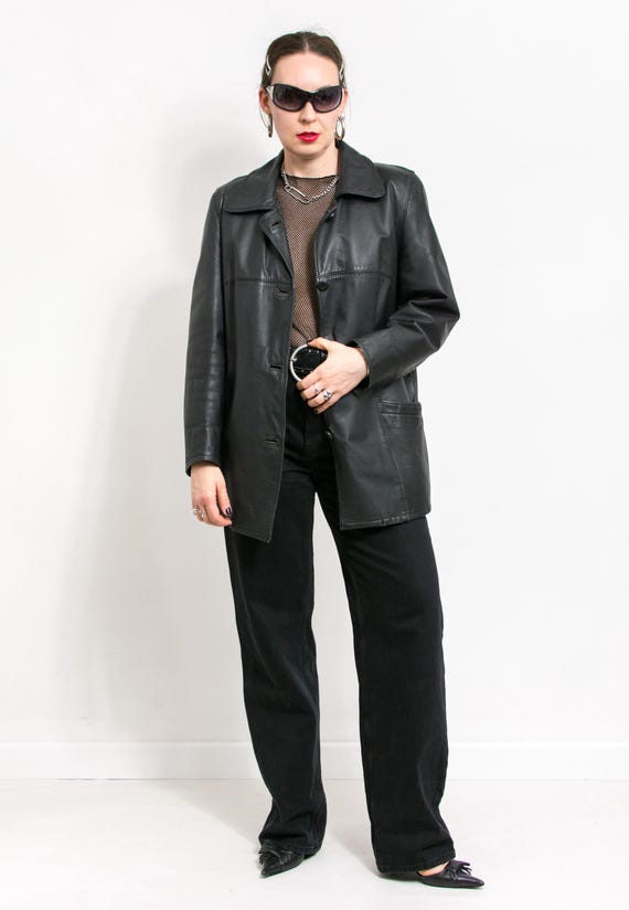 Black Leather Jacket Vintage 90's Coat Women Size L/XL - Etsy Israel