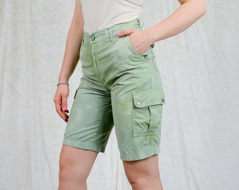 Tie dye shorts W29 green cargo style vintage 90s high waist jeans pockets women M Medium