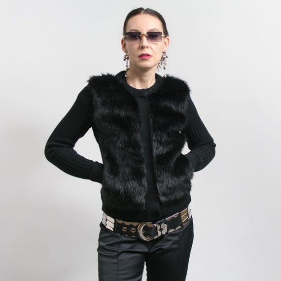 Y2K Black Faux Fur Zip Cardigan Knit Sweater Wool Blend S - Etsy