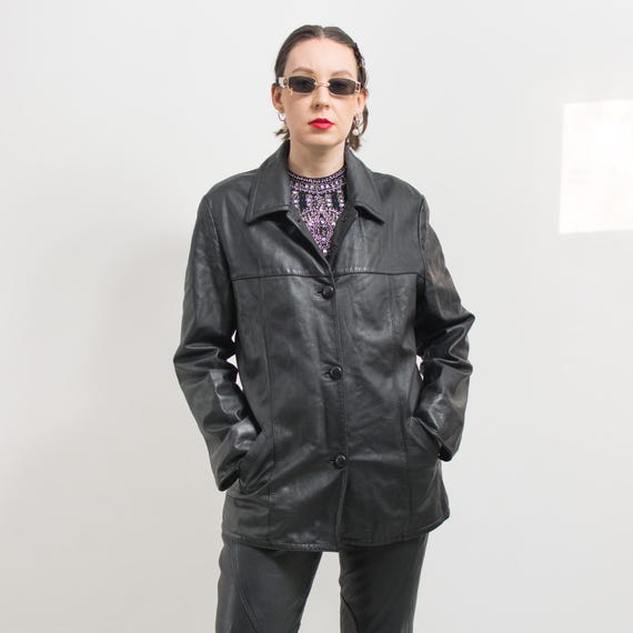 Vintage Black Leather Jacket 90s Coat L/XL - Etsy
