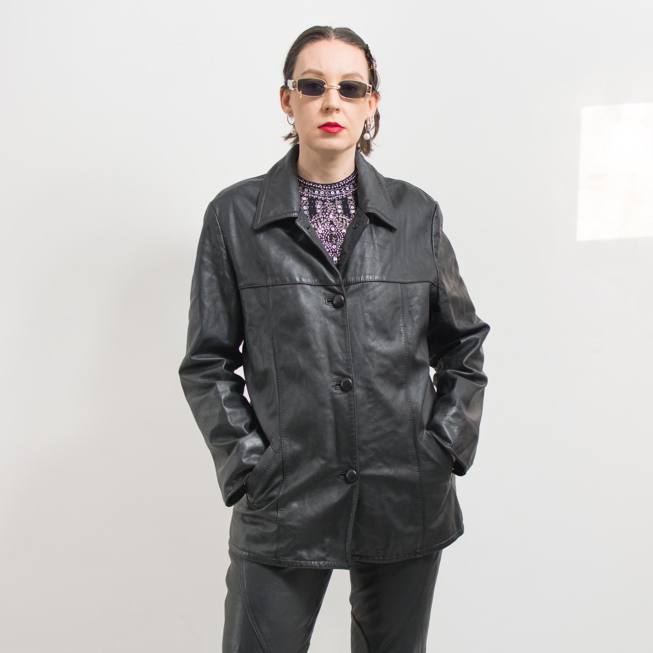 Vintage Black Leather Jacket 90s Coat L/XL - Etsy