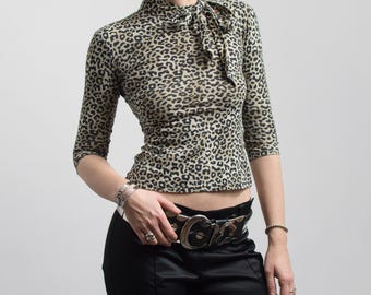 Leopard Print Stretch Top with Bow Y2K Animal Print Blouse XS/S