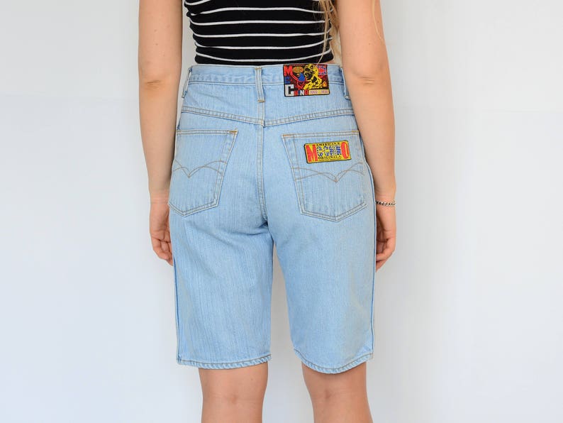 American McChino shorts Vintage 90's shorts super High waist Patched blue jeans denim woman L Large image 1