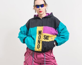 Vintage 90's track jacket hooded multi color block windbreaker women size M/L