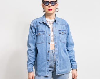 Blue denim shirt Vintage 90's blue jean oversized women size L/XL