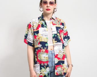 Vintage vakantieshirt met patroon | Blouse met korte mouwen en retroprint (S-L)
