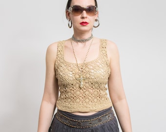 Boho Crochet Vintage Crop Top Hippie Women XS