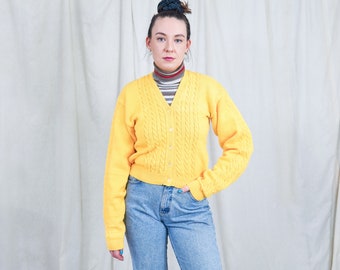 Yellow cardigan vintage sweater sun retro women L Large