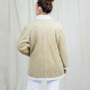 Faux suede jacket cream sherpa winter coat shearling beige vintage XL image 9