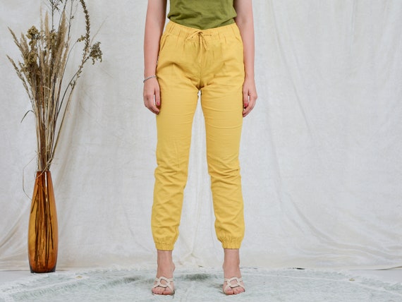 Yellow Linen Pants Mid Waist Trousers 