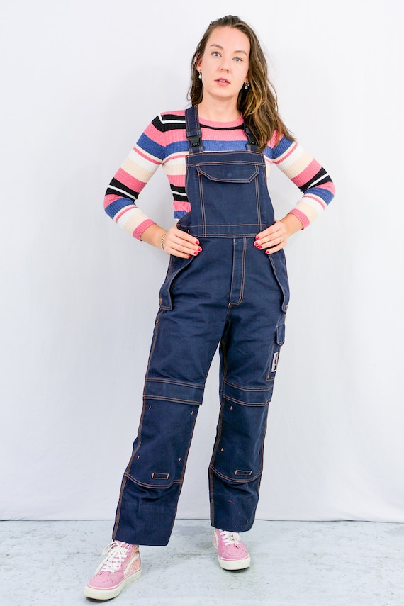 Vintage Overalls Work Jumpsuit Navy Blue Dungarees Wide Leg Women