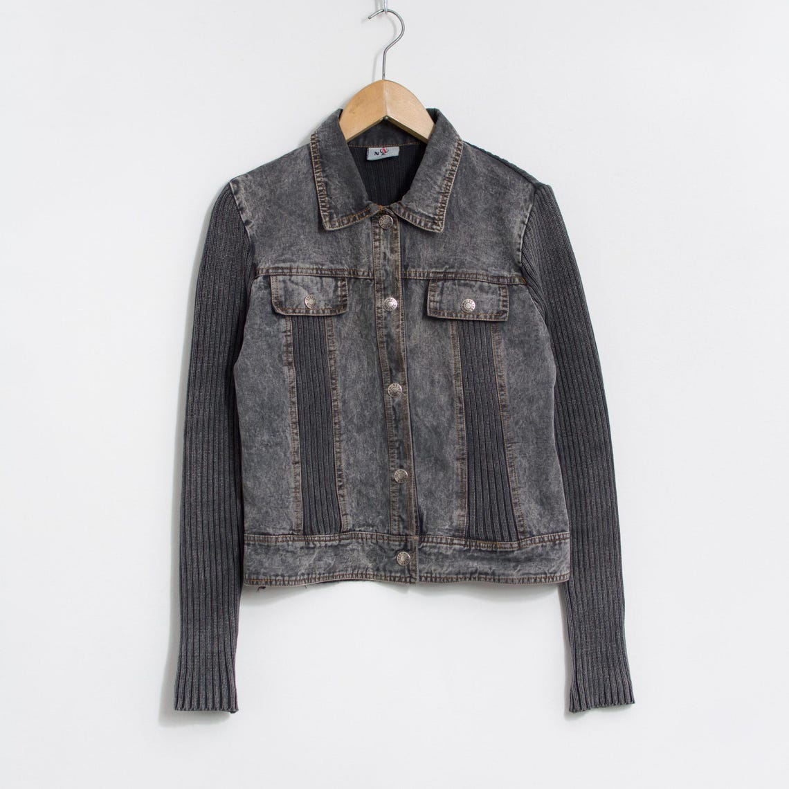 Vintage Cropped Denim Knit Jacket Y2K Ribbed M/L, foto 2 di 5