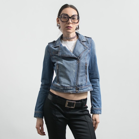 Y2K Denim Biker Jacket Cropped Studded Blue S/M