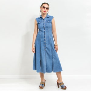 90&#39;s western denim dress vintage sleeveless button down blue women size M