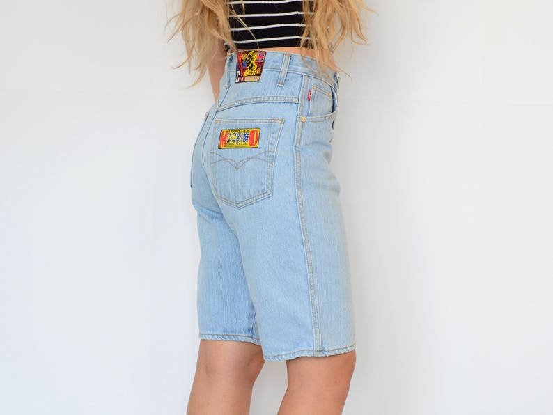 American McChino shorts Vintage 90's shorts super High waist Patched blue jeans denim woman L Large image 3