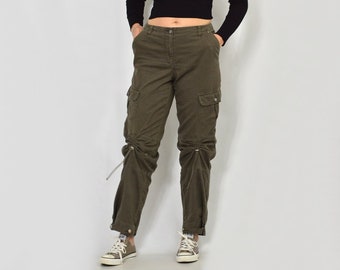 Military pants Khaki cargo style lace up green wide leg tied vintage trousers straight fit leg hipster 90's XL