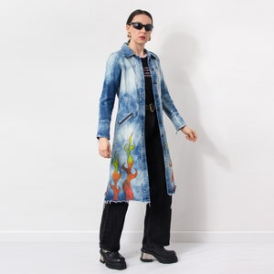 Flames denim trench reworked vintage hand painted coat size XS/S