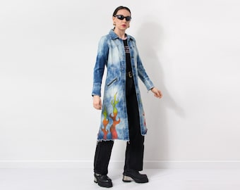 Flames denim trench reworked vintage hand painted coat size XS/S