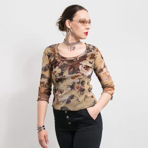 Blusa vintage de malla floral Y2K / blusa transparente de manga 3/4 / talla M de mujer