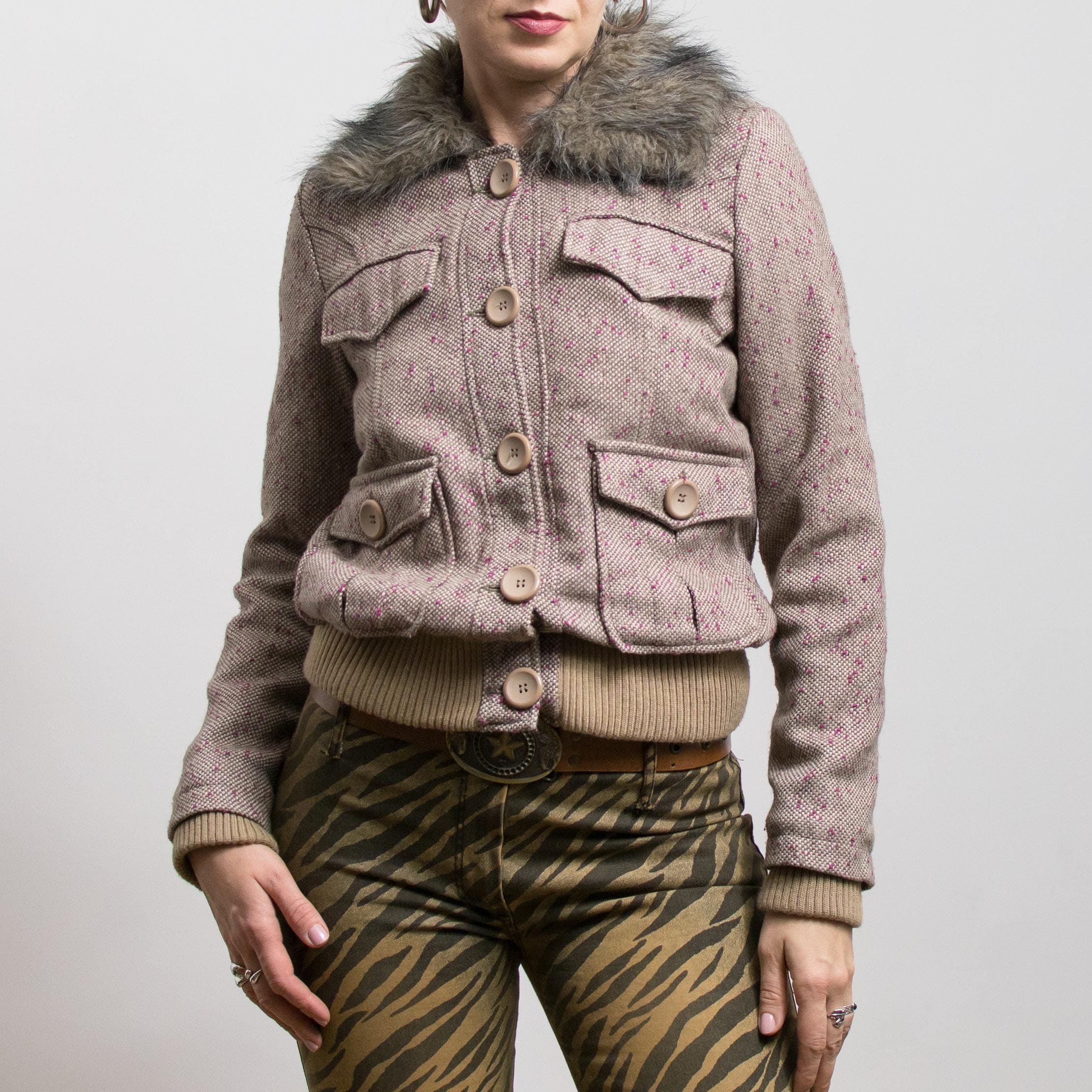 Y2K Short Jacket With Faux Fur Collar 2000s M - Etsy